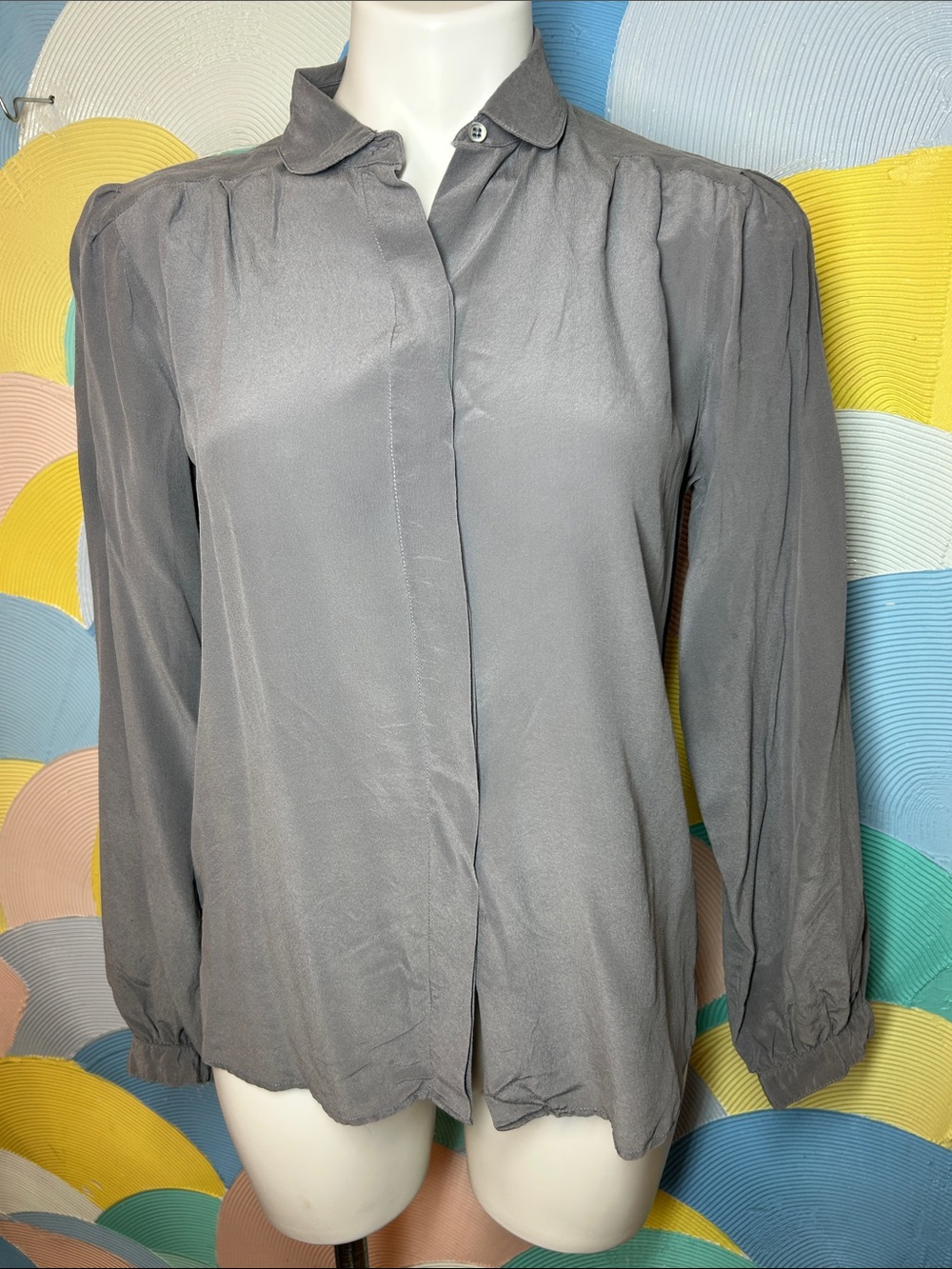 Gray Long-Sleeve Button Front Blouse